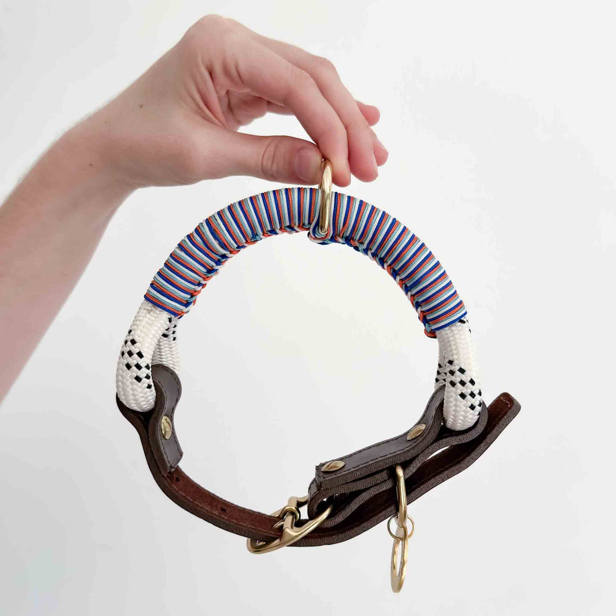 The Seapoint Social Collar — detail of braided rope and brass fittings