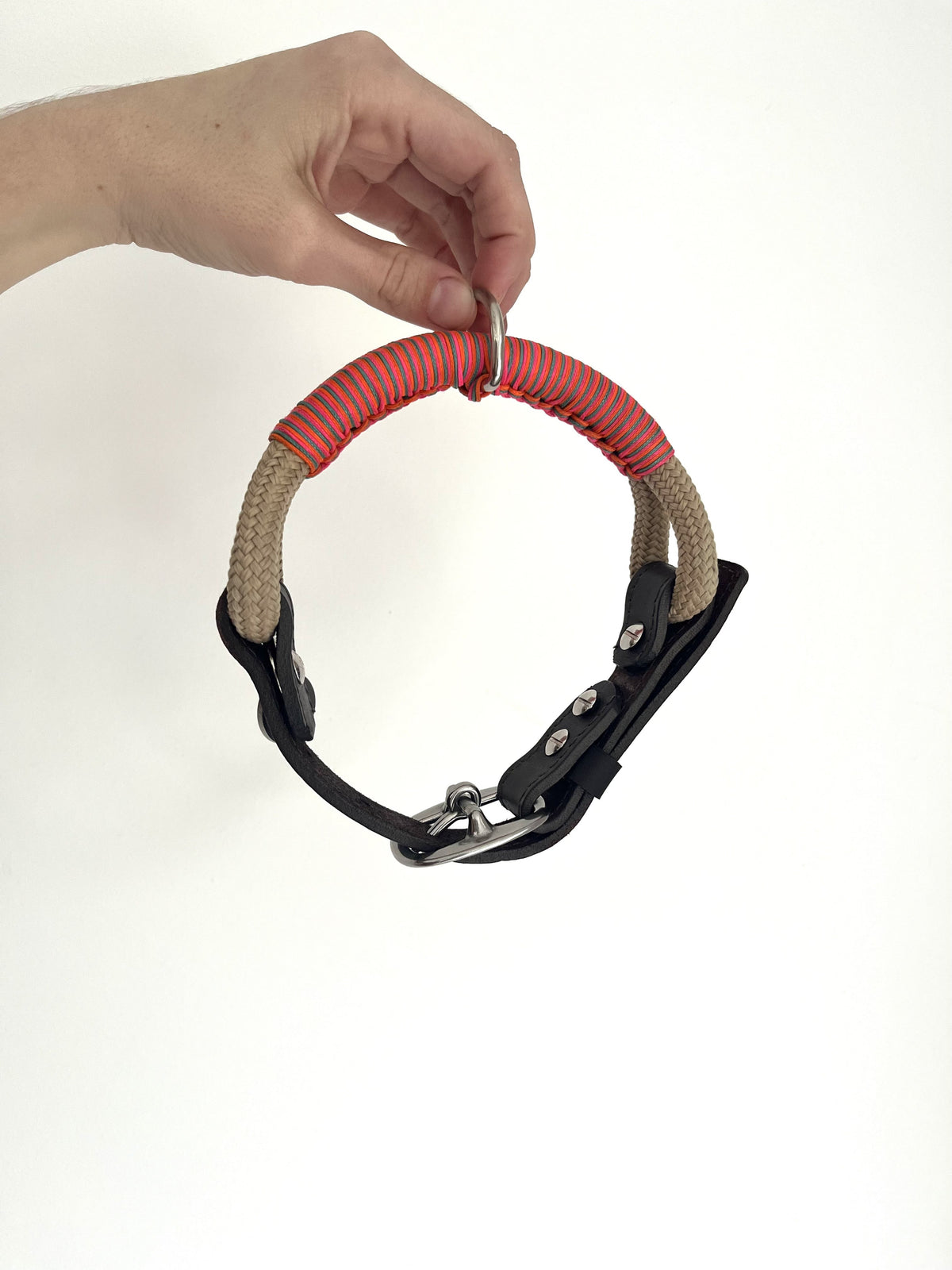The Coral Club Collar in Taupe — buckle detail with coral-woven rope and silver hardware
